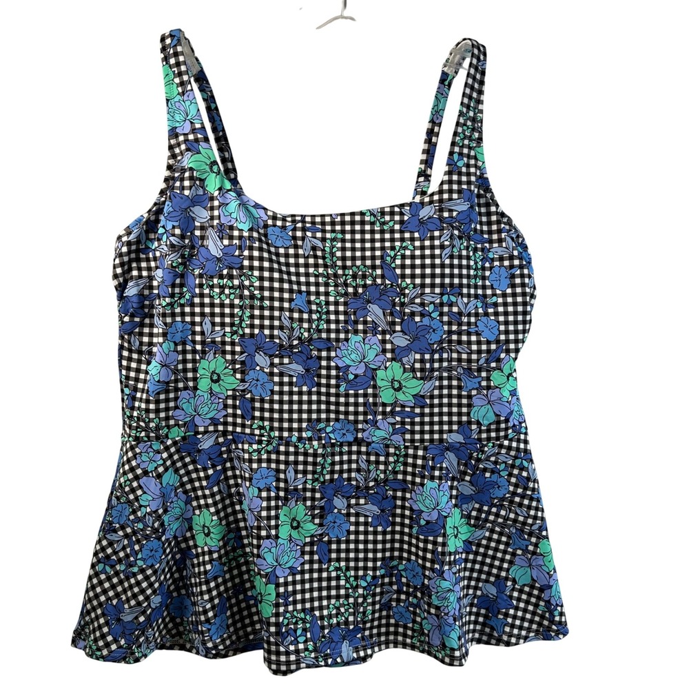 Lands End Womens Size 16 Tankini Top Blue Floral Gingham Peplum Underwire Bra
